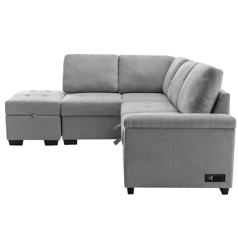 87,4 Zoll schwarzes L-förmiges Schlafsofa mit Stauraum-Ottomane, verstecktem Armlehnfach und USB-Ladeanschluss