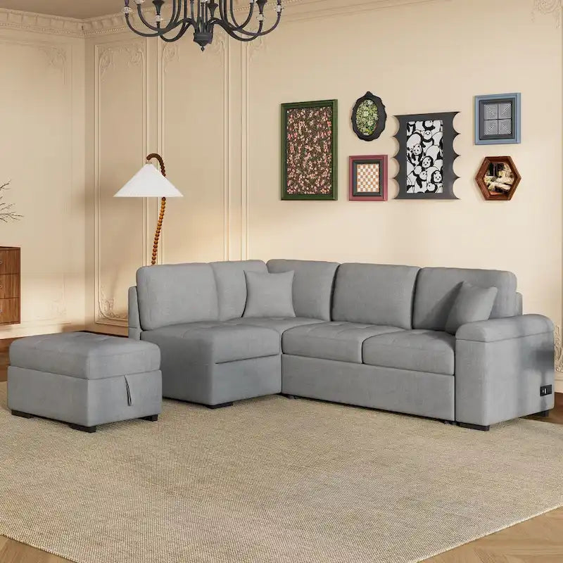 87,4 Zoll schwarzes L-förmiges Schlafsofa mit Stauraum-Ottomane, verstecktem Armlehnfach und USB-Ladeanschluss