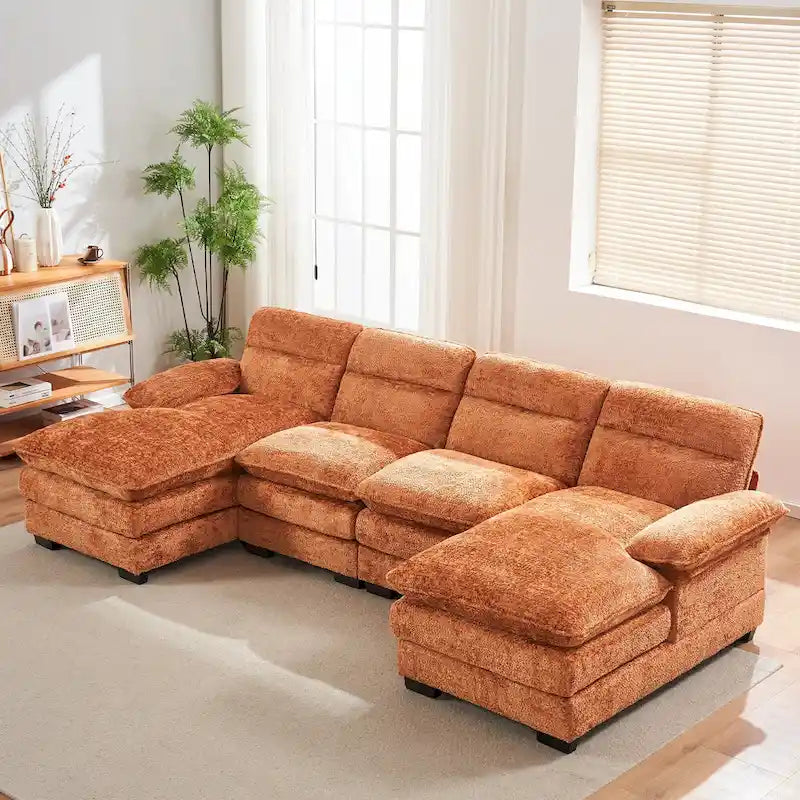 U-förmiges Profilsofa, bestehend aus zwei Einzelsitzen und zwei Chaiselongues, modulares Sofa, Chenille-Sofa