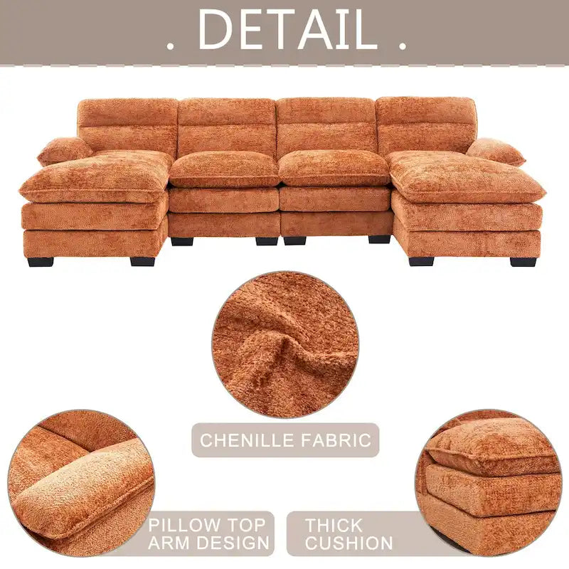 U-förmiges Profilsofa, bestehend aus zwei Einzelsitzen und zwei Chaiselongues, modulares Sofa, Chenille-Sofa