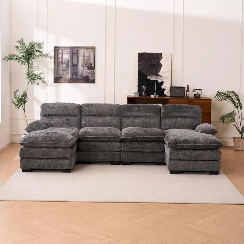 U-förmiges Profilsofa, bestehend aus zwei Einzelsitzen und zwei Chaiselongues, modulares Sofa, Chenille-Sofa