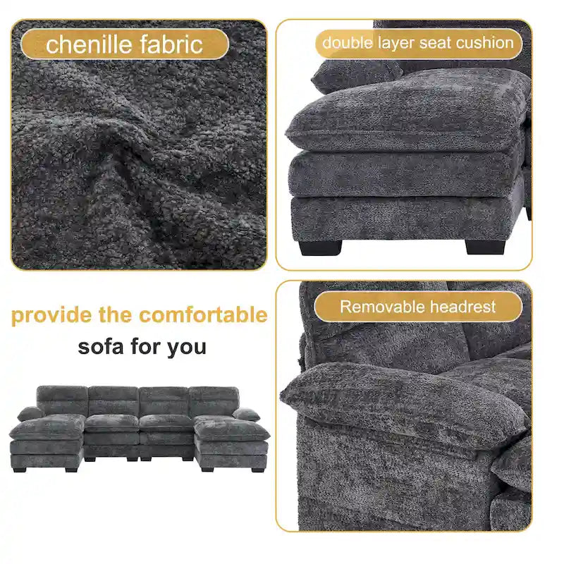 U-förmiges Profilsofa, bestehend aus zwei Einzelsitzen und zwei Chaiselongues, modulares Sofa, Chenille-Sofa