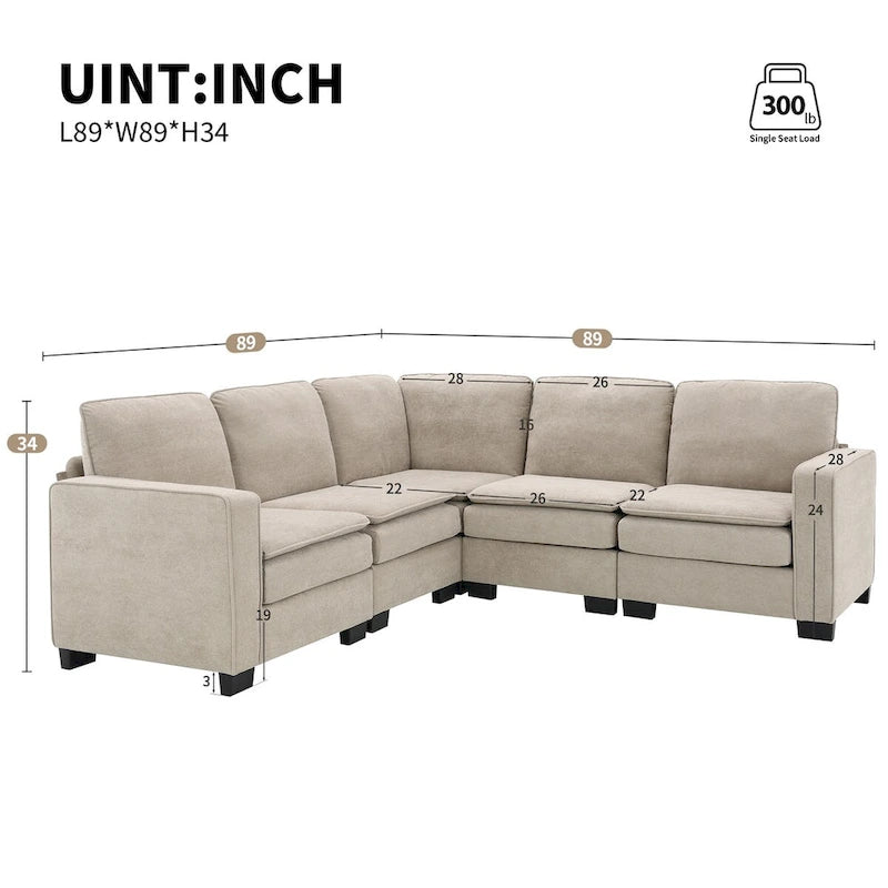 89*89 Übergroßes modernes Samt-Ecksofa, großes L-förmiges gepolstertes Indoor-Möbel mit Doppelkissen