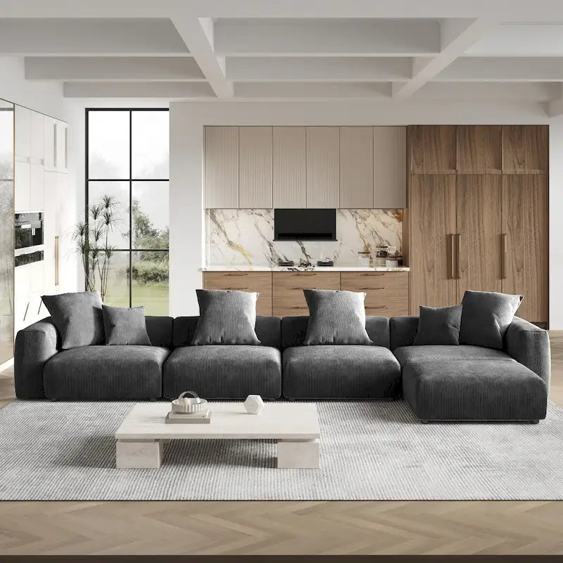 181Übergroßes Cord-Sofa mit Ottomane, L-förmiges, umbaubares Sofa mit tiefer Sitzfläche für modernes Wohnzimmer