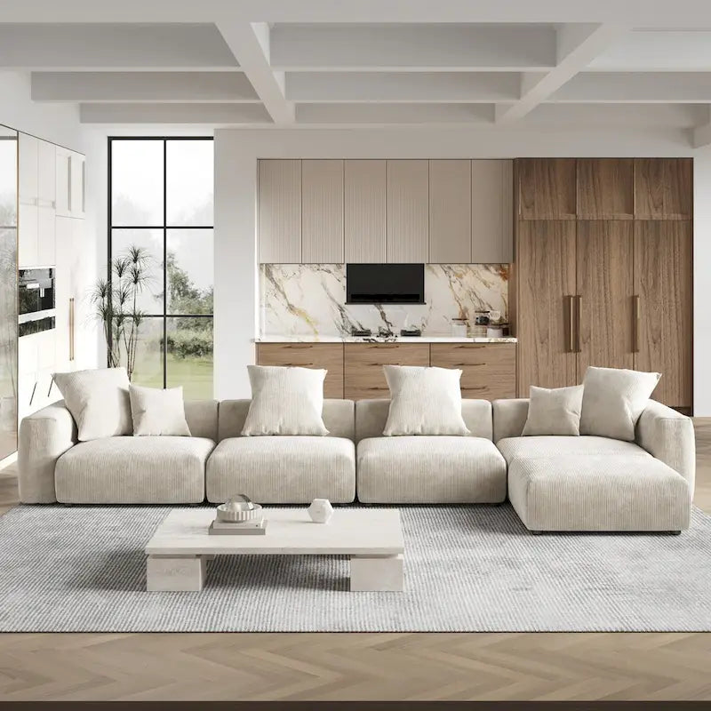 181Übergroßes Cord-Sofa mit Ottomane, L-förmiges, umbaubares Sofa mit tiefer Sitzfläche für modernes Wohnzimmer