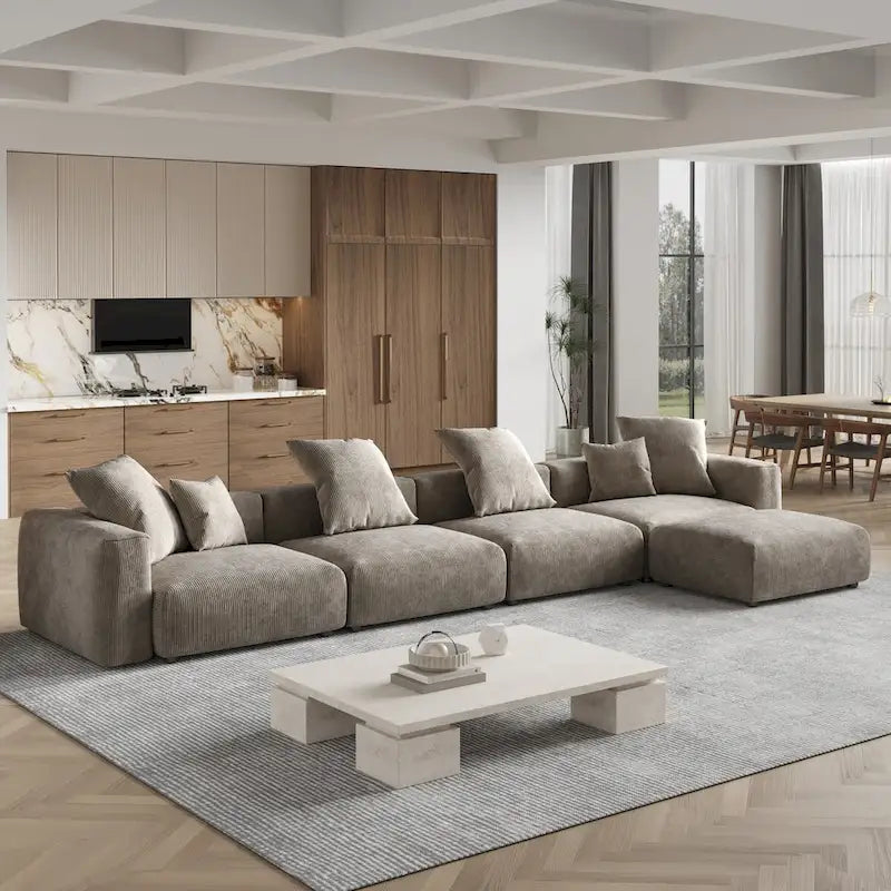 181Übergroßes Cord-Sofa mit Ottomane, L-förmiges, umbaubares Sofa mit tiefer Sitzfläche für modernes Wohnzimmer