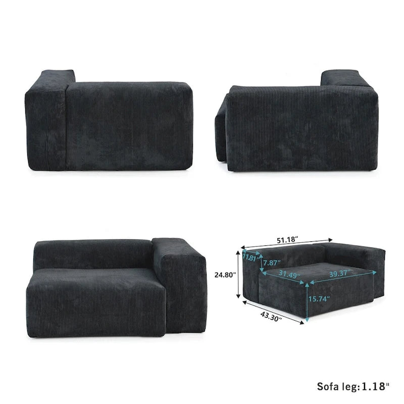 181Übergroßes Cord-Sofa mit Ottomane, L-förmiges, umbaubares Sofa mit tiefer Sitzfläche für modernes Wohnzimmer