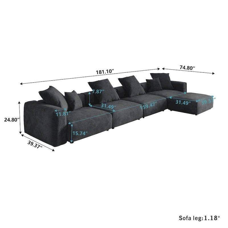 181Übergroßes Cord-Sofa mit Ottomane, L-förmiges, umbaubares Sofa mit tiefer Sitzfläche für modernes Wohnzimmer