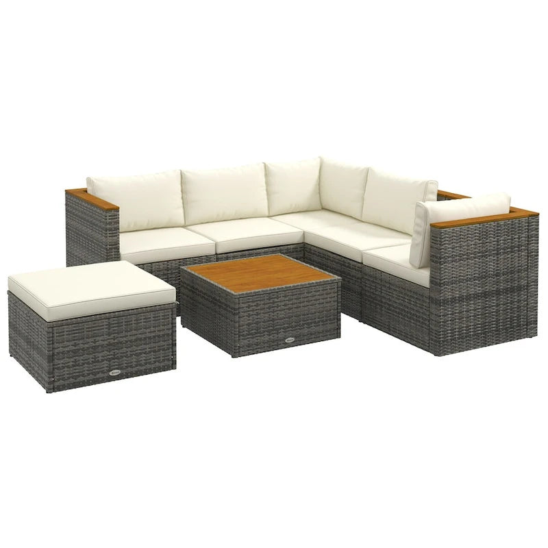 Outsunny Gartenmöbel-Set aus Polyrattan mit Kissen, 7-teiliges Outdoor PE-Rattan-Sofa mit verstellbarer Rückenlehne