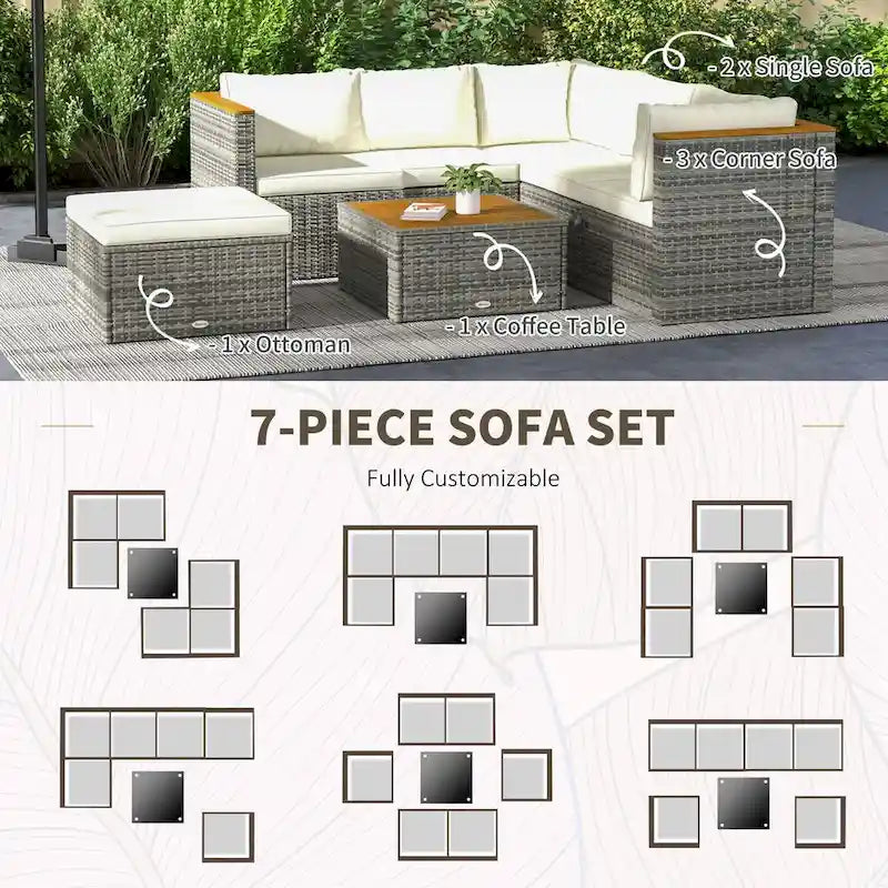 Outsunny Gartenmöbel-Set aus Polyrattan mit Kissen, 7-teiliges Outdoor PE-Rattan-Sofa mit verstellbarer Rückenlehne
