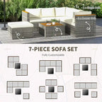 Outsunny Gartenmöbel-Set aus Polyrattan mit Kissen, 7-teiliges Outdoor PE-Rattan-Sofa mit verstellbarer Rückenlehne