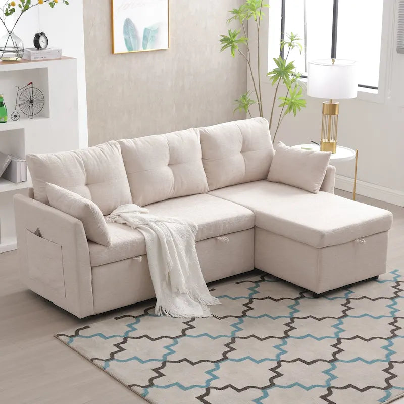 Cord/Chenille Bezug L-förmiges Stauraum-Ecksofa mit umstellbarer Chaiselongue und Seitentasche