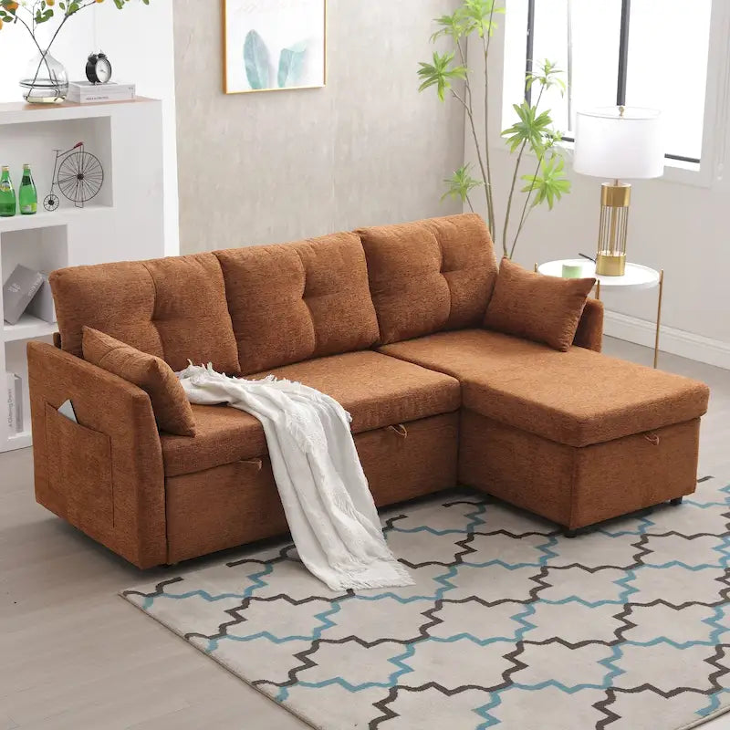 Cord/Chenille Bezug L-förmiges Stauraum-Ecksofa mit umstellbarer Chaiselongue und Seitentasche