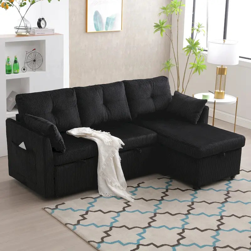 Cord/Chenille Bezug L-förmiges Stauraum-Ecksofa mit umstellbarer Chaiselongue und Seitentasche