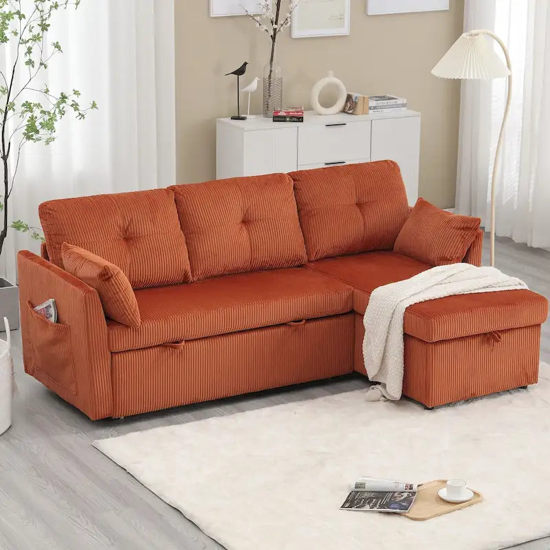 Cord/Chenille Bezug L-förmiges Stauraum-Ecksofa mit umstellbarer Chaiselongue und Seitentasche