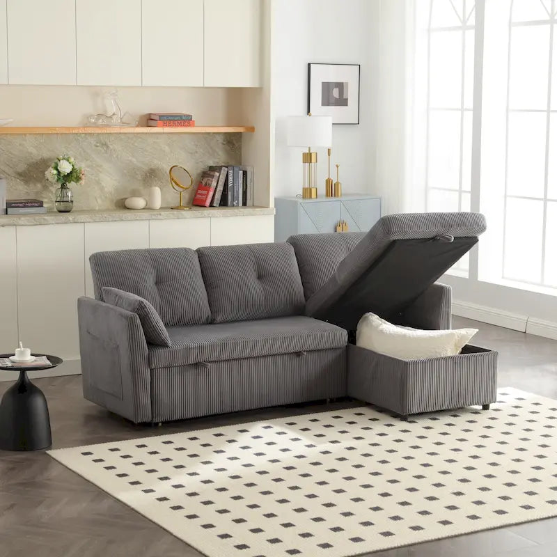 Cord/Chenille Bezug L-förmiges Stauraum-Ecksofa mit umstellbarer Chaiselongue und Seitentasche