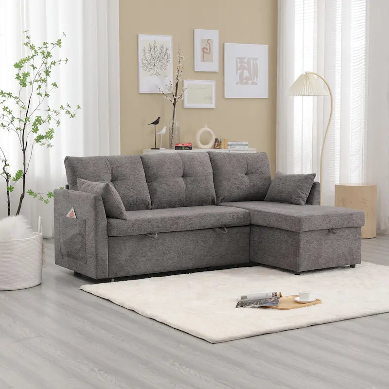 Cord/Chenille Bezug L-förmiges Stauraum-Ecksofa mit umstellbarer Chaiselongue und Seitentasche