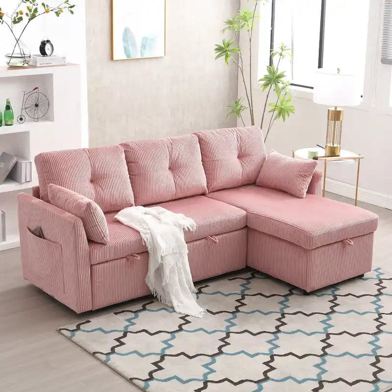 Cord/Chenille Bezug L-förmiges Stauraum-Ecksofa mit umstellbarer Chaiselongue und Seitentasche