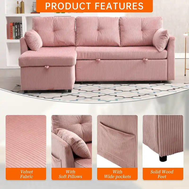 Cord/Chenille Bezug L-förmiges Stauraum-Ecksofa mit umstellbarer Chaiselongue und Seitentasche
