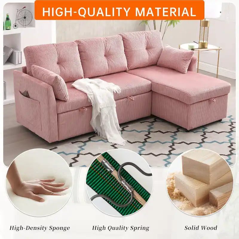 Cord/Chenille Bezug L-förmiges Stauraum-Ecksofa mit umstellbarer Chaiselongue und Seitentasche