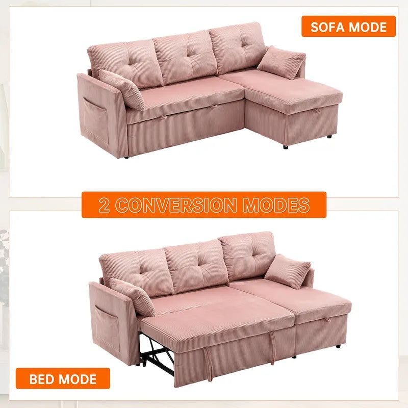 Cord/Chenille Bezug L-förmiges Stauraum-Ecksofa mit umstellbarer Chaiselongue und Seitentasche