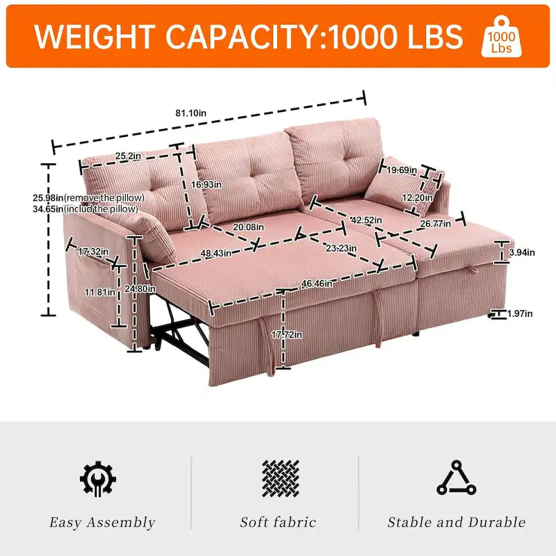 Cord/Chenille Bezug L-förmiges Stauraum-Ecksofa mit umstellbarer Chaiselongue und Seitentasche