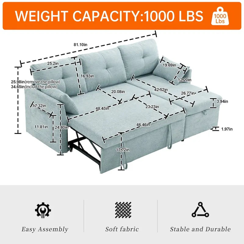 Cord/Chenille Bezug L-förmiges Stauraum-Ecksofa mit umstellbarer Chaiselongue und Seitentasche