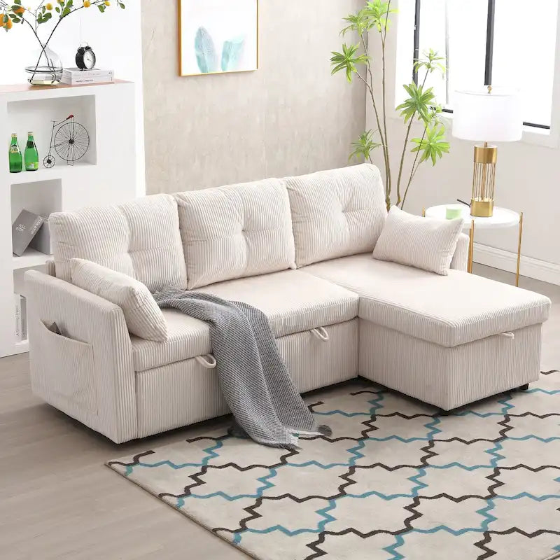 Cord/Chenille Bezug L-förmiges Stauraum-Ecksofa mit umstellbarer Chaiselongue und Seitentasche