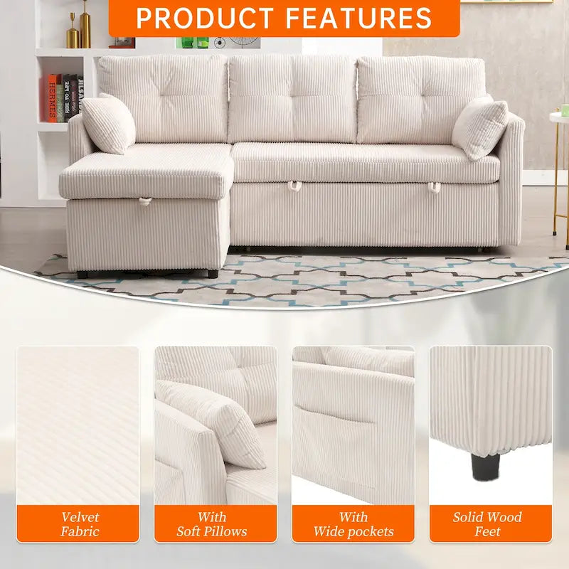 Cord/Chenille Bezug L-förmiges Stauraum-Ecksofa mit umstellbarer Chaiselongue und Seitentasche