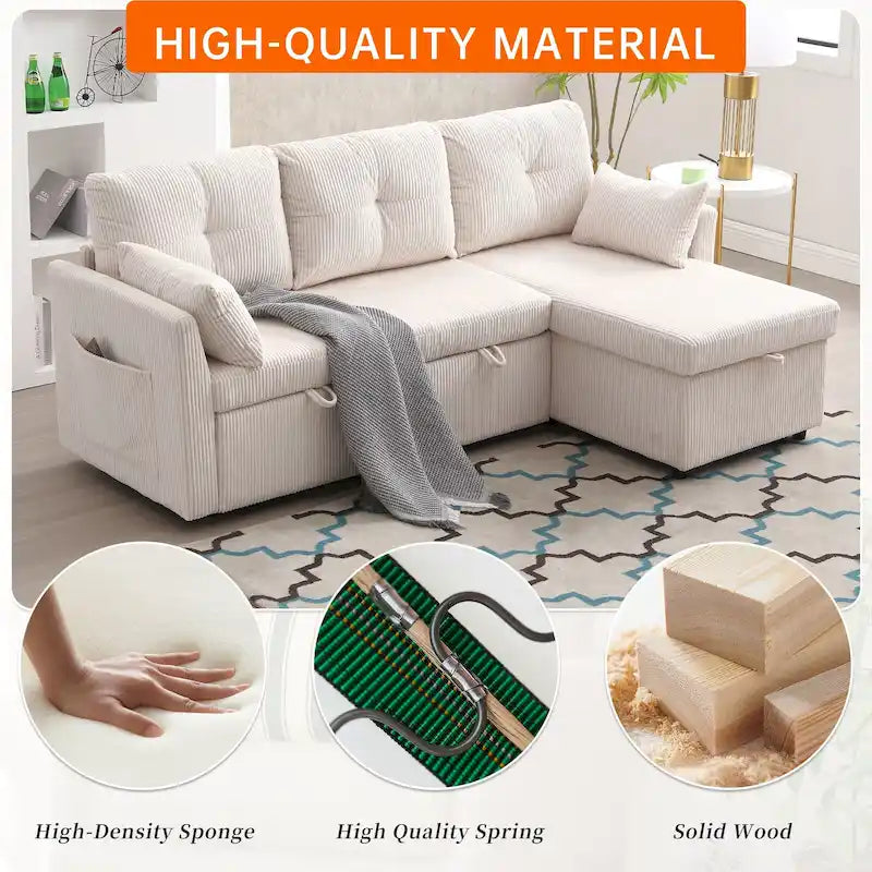 Cord/Chenille Bezug L-förmiges Stauraum-Ecksofa mit umstellbarer Chaiselongue und Seitentasche