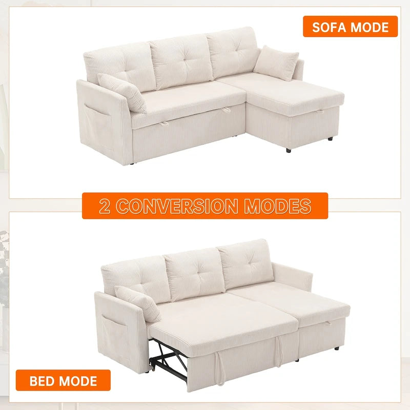Cord/Chenille Bezug L-förmiges Stauraum-Ecksofa mit umstellbarer Chaiselongue und Seitentasche