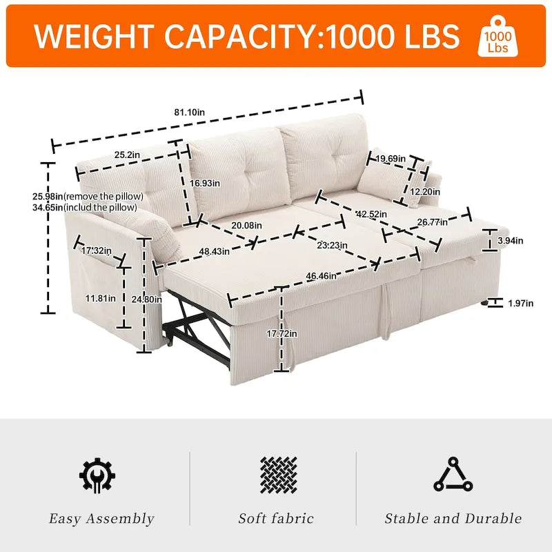 Cord/Chenille Bezug L-förmiges Stauraum-Ecksofa mit umstellbarer Chaiselongue und Seitentasche