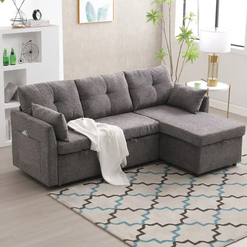 Cord/Chenille Bezug L-förmiges Stauraum-Ecksofa mit umstellbarer Chaiselongue und Seitentasche