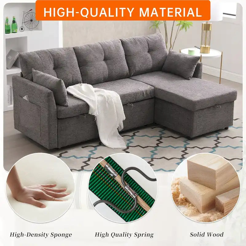 Cord/Chenille Bezug L-förmiges Stauraum-Ecksofa mit umstellbarer Chaiselongue und Seitentasche