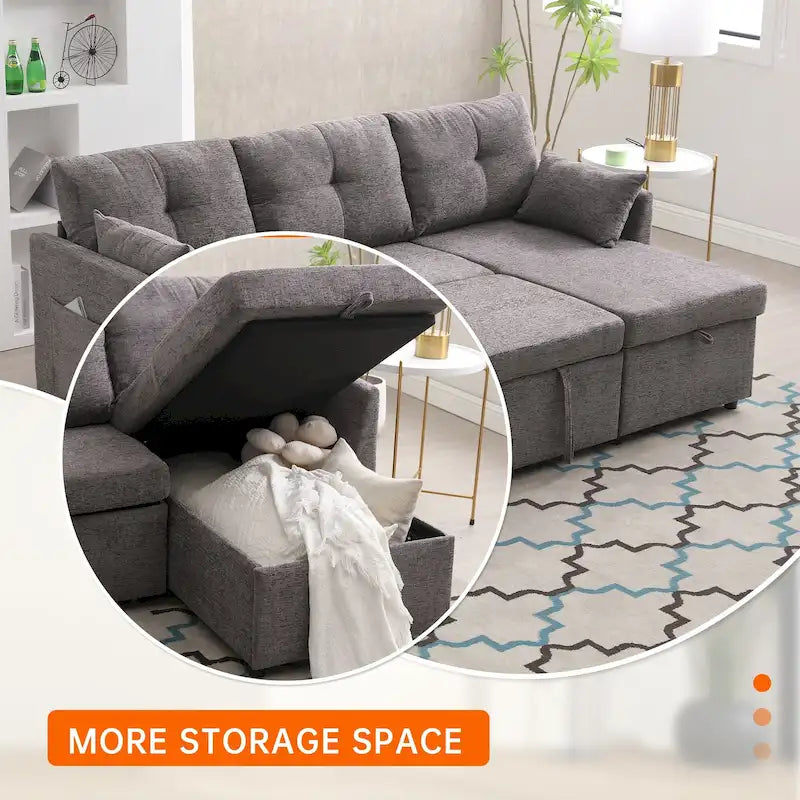 Cord/Chenille Bezug L-förmiges Stauraum-Ecksofa mit umstellbarer Chaiselongue und Seitentasche