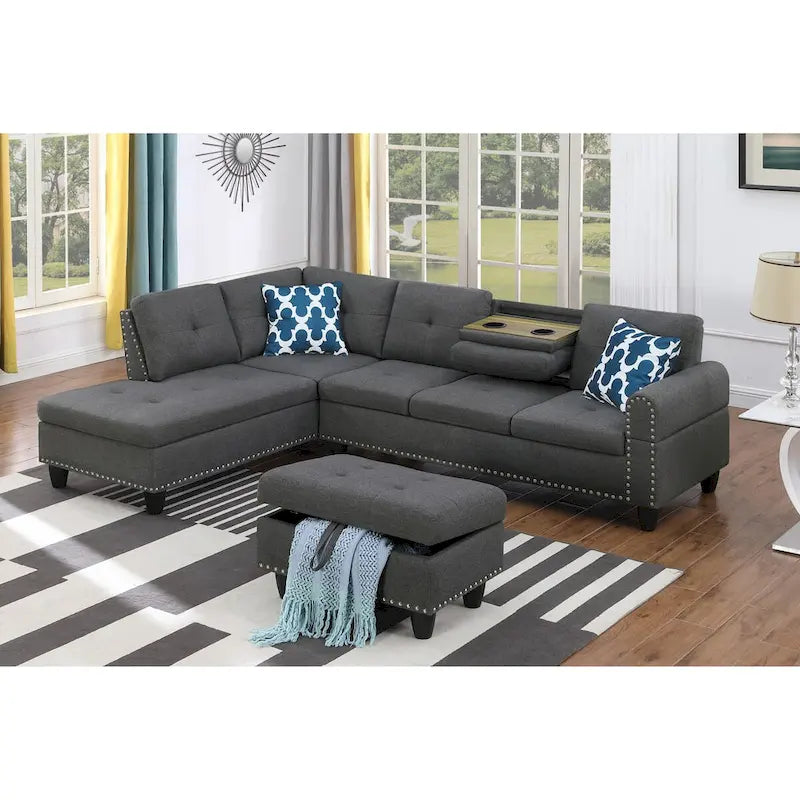 Alger 98 Zoll breites Sofa mit Ottomane und Recamiere, linke Ausrichtung – 98B x 71T x 33H
