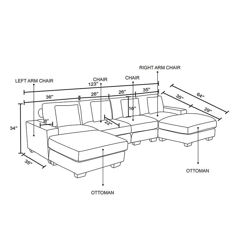 123 U-förmiges 6-teiliges Cord-Sofa