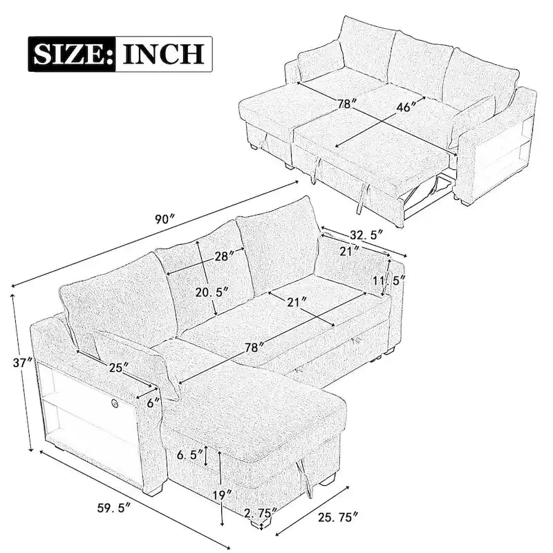 MERAX L-förmiges Schlafsofa mit Stauraum-Recamiere