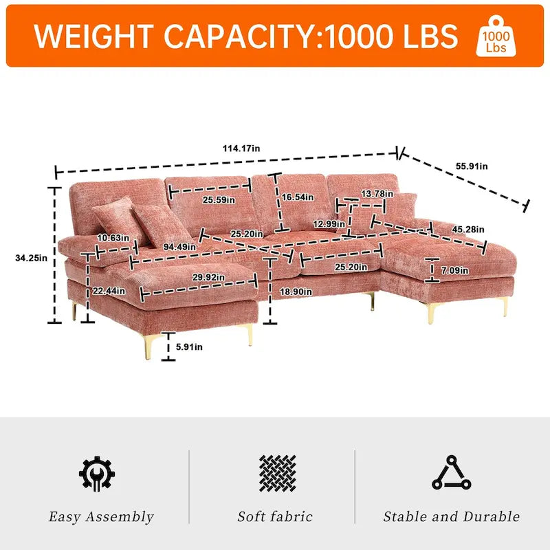 HOMEFUN Chenille gepolstertes U-förmiges Wohnzimmer-Ecksofa