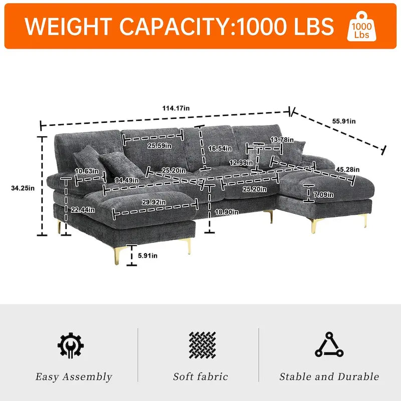 HOMEFUN Chenille gepolstertes U-förmiges Wohnzimmer-Ecksofa