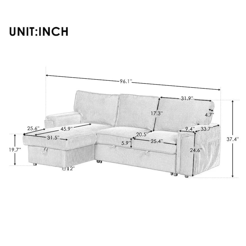 Polster-Schlafsofa mit Stauraum und 2 Getränkehaltern in den Armlehnen
