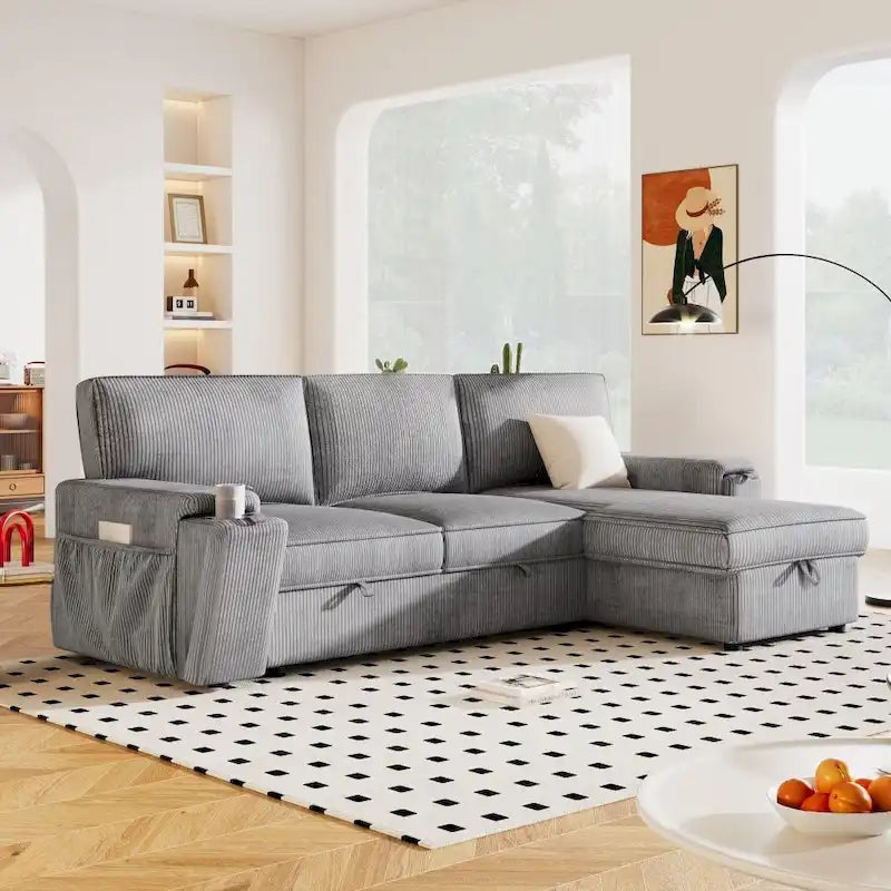 Polster-Schlafsofa mit Stauraum und 2 Getränkehaltern in den Armlehnen