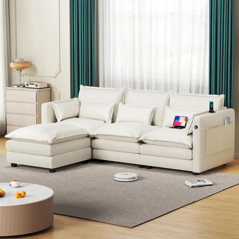 Modulares Ecksofa, L-förmige Couch, 3/4-Sitzer-Sofagarnitur mit Ottoman, Chenille-Stoff