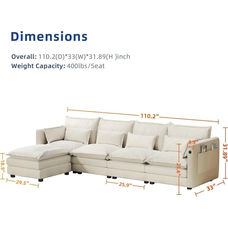 Modulares Ecksofa, L-förmige Couch, 3/4-Sitzer-Sofagarnitur mit Ottoman, Chenille-Stoff