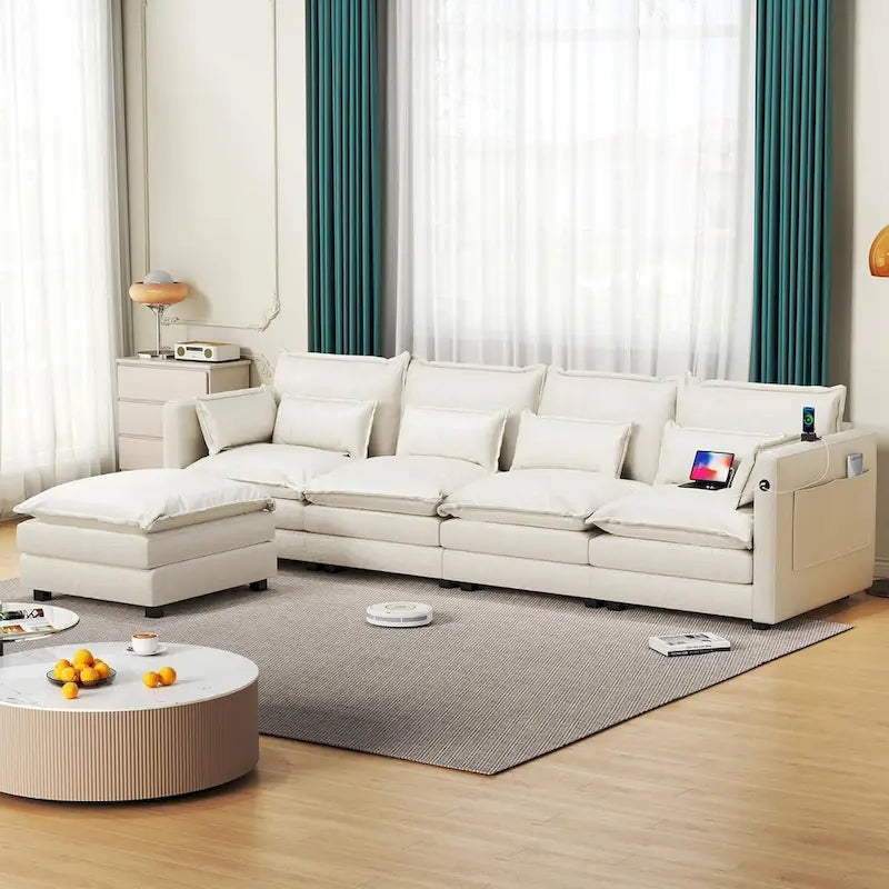 Modulares Ecksofa, L-förmige Couch, 3/4-Sitzer-Sofagarnitur mit Ottoman, Chenille-Stoff