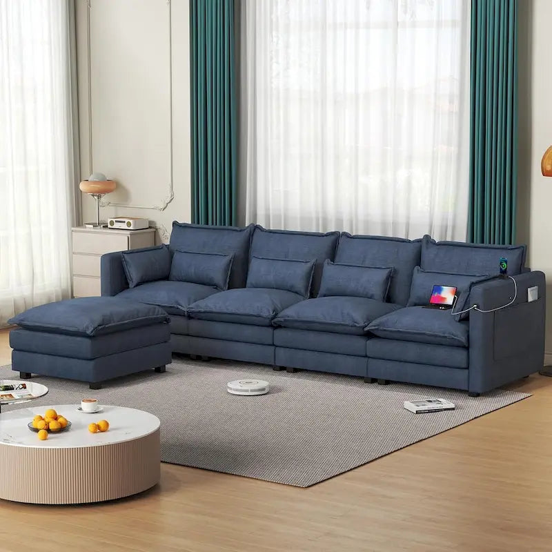 Modulares Ecksofa, L-förmige Couch, 3/4-Sitzer-Sofagarnitur mit Ottoman, Chenille-Stoff