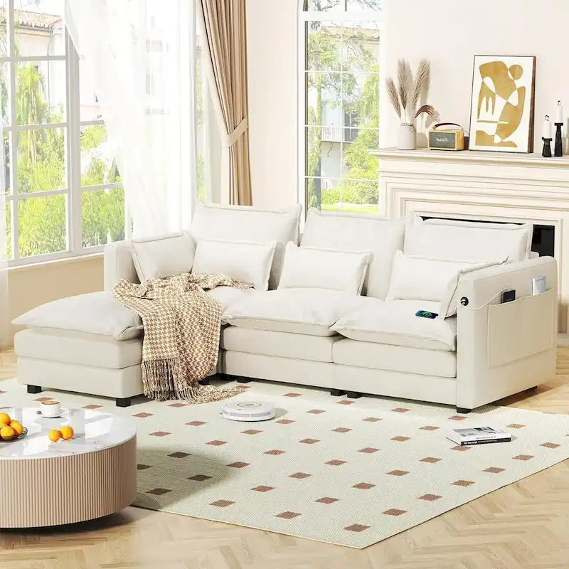 Modulares Ecksofa, L-förmige Couch, 3/4-Sitzer-Sofagarnitur mit Ottoman, Chenille-Stoff