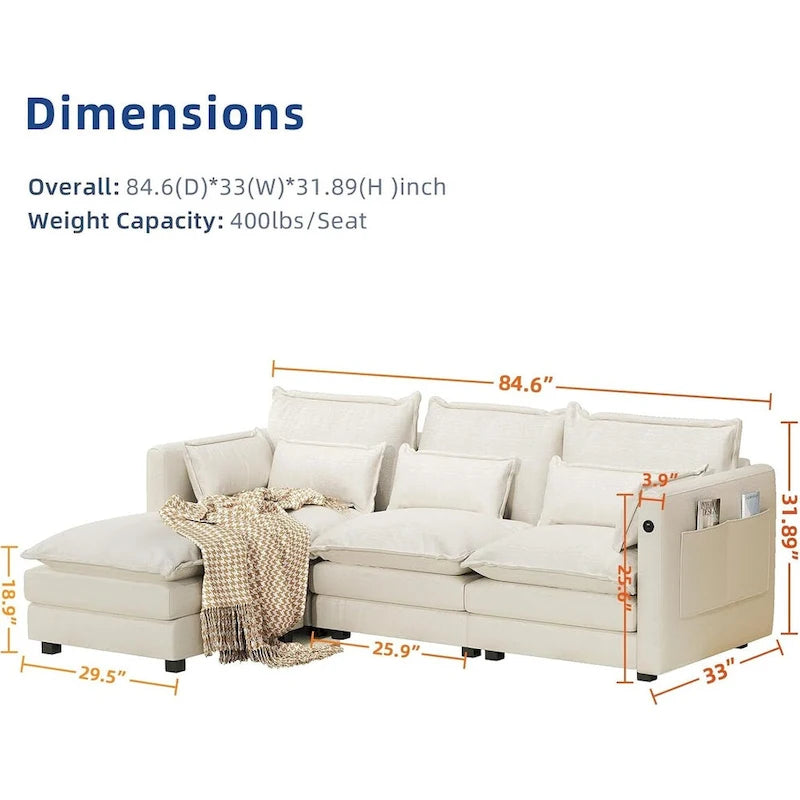 Modulares Ecksofa, L-förmige Couch, 3/4-Sitzer-Sofagarnitur mit Ottoman, Chenille-Stoff