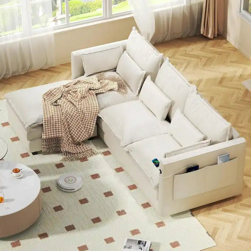 Modulares Ecksofa, L-förmige Couch, 3/4-Sitzer-Sofagarnitur mit Ottoman, Chenille-Stoff
