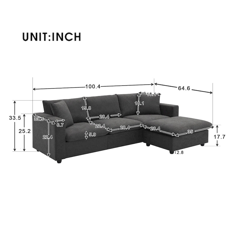Modernes 4-Sitzer L-förmiges Ecksofa, mit 2 kostenlosen Kissen, verwandelbarer Ottomane